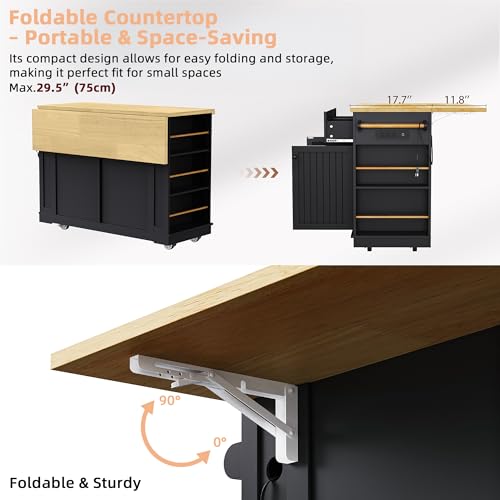 Black 48-inch Rolling Kitchen Island with Drop Leaf & Power Outlet P4596