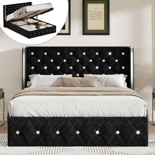 Black Velvet Full Size Lift Up Storage Bed Frame Y4338