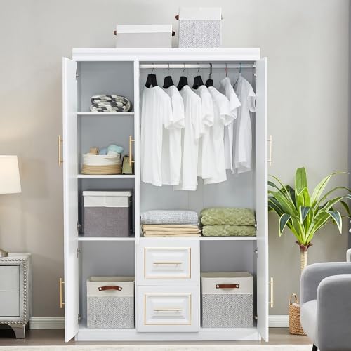 White Wood Storage Closet with Doors and Hanging Rod Y545287