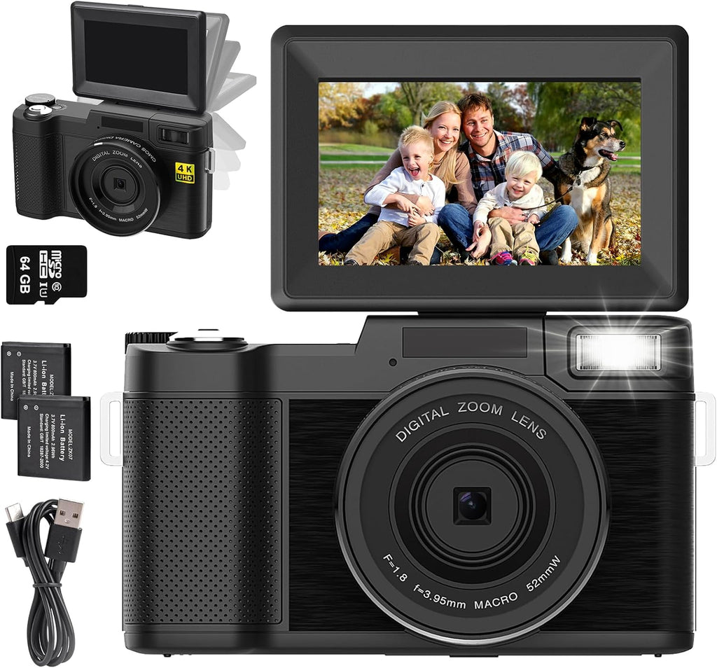 48MP 4K Digital Camera with 16X Digital Zoom Macro Camera, 3’’180°Flip Screen Compact Video Camera with Liftable Flash, SD Card&2 Batteries J7084