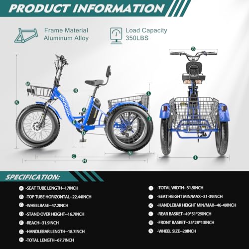 20" x 4" Fat Tire 48V 500W 3 Wheels 7 Speed Electric Tricycle with Removable Battery C159215