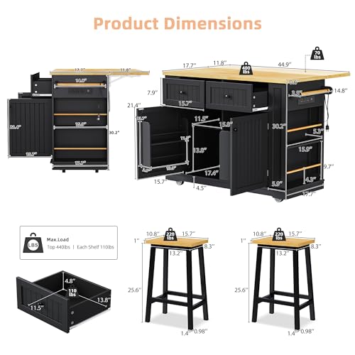 Black 48-inch Rolling Kitchen Island with Drop Leaf & Power Outlet P4596
