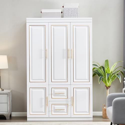 White Wood Storage Closet with Doors and Hanging Rod Y545287