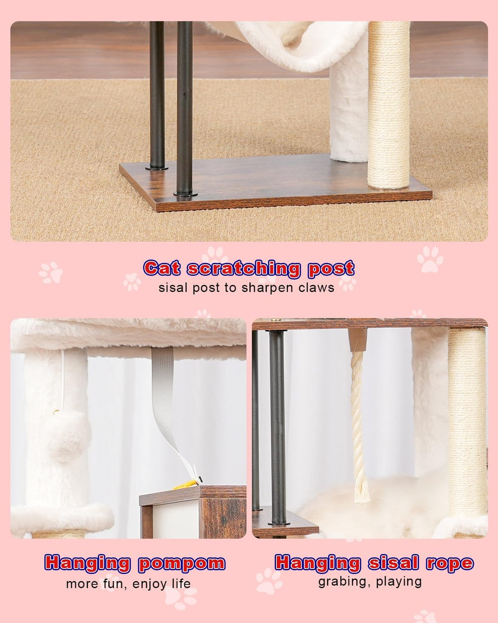 Rustic Brown 43.3in Wood Cat Tree with Sisal Rope Scratching Post C743283