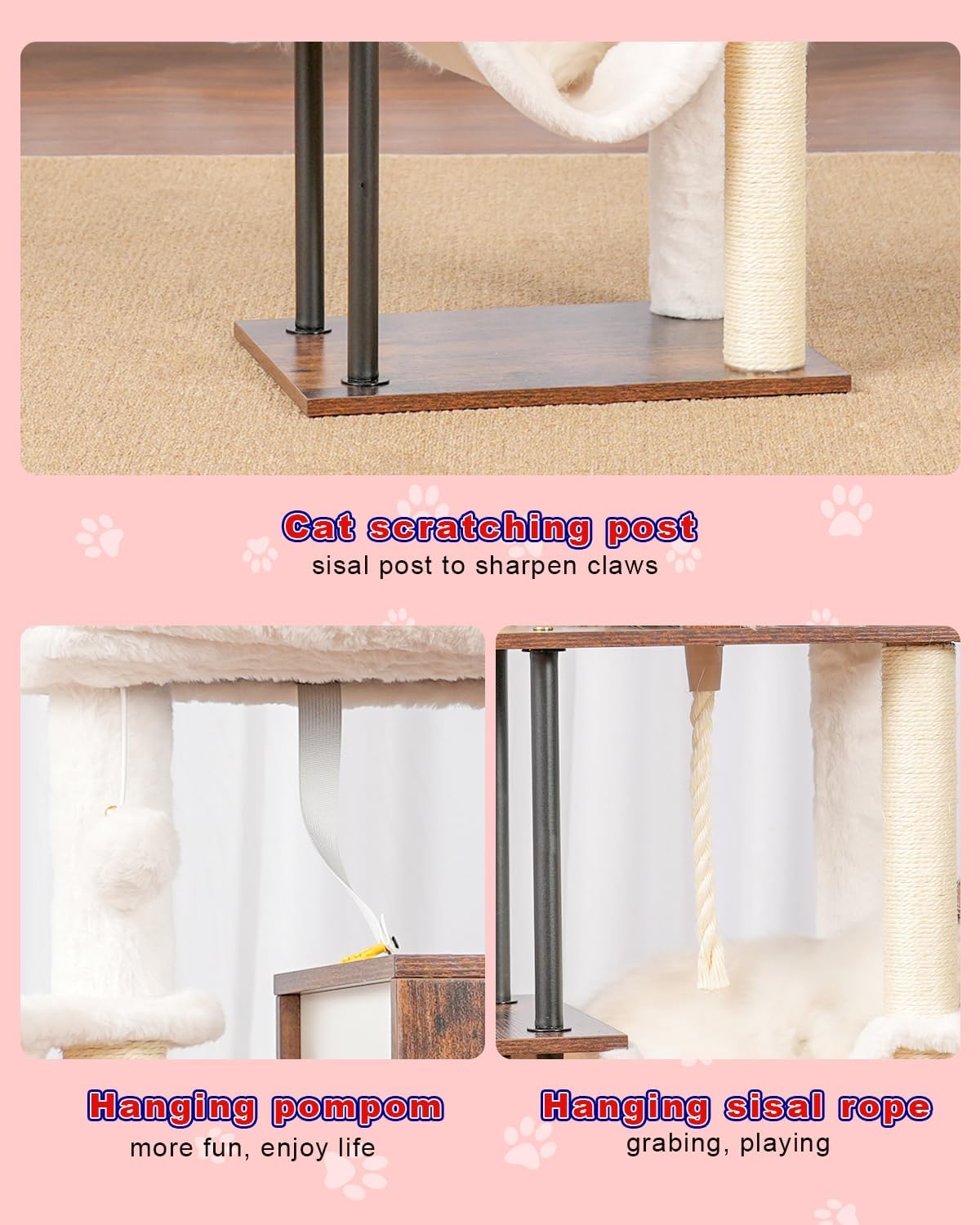Rustic Brown 43.3in Wood Cat Tree with Sisal Rope Scratching Post C743283