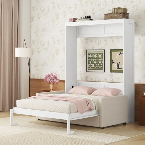 White Queen Size Wood Murphy Bed with Cushion Z75349