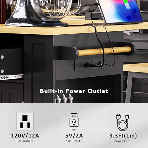 Black 48-inch Rolling Kitchen Island with Drop Leaf & Power Outlet P4596