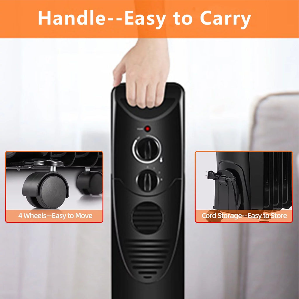 Oil Filled Radiator Heater with 3 Heat Settings, Adjustable Thermostat, Overheat & Tip-Over Protection (Black) S3655