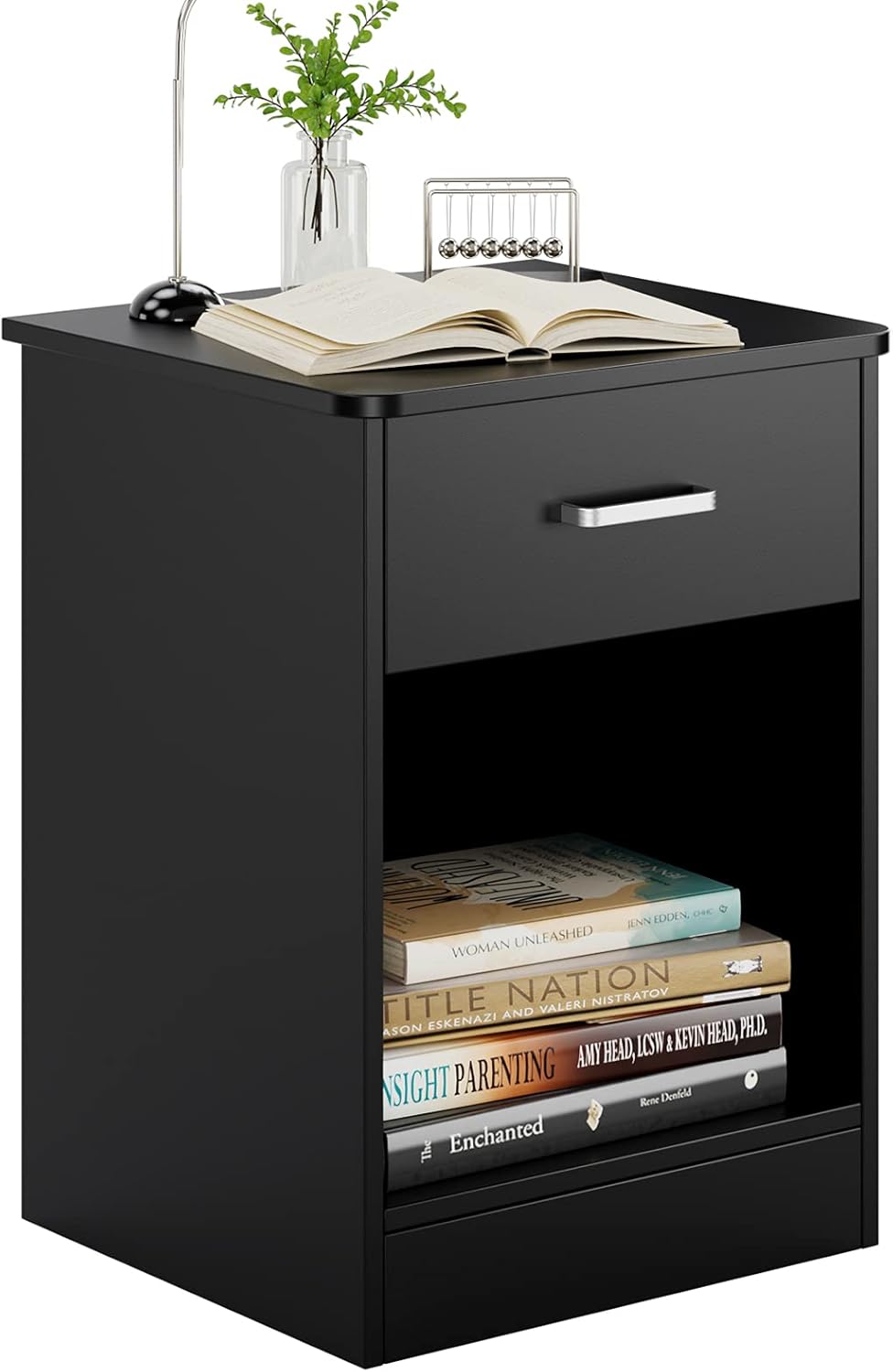 Black 2 Tier Nightstand with Drawer and Storage Cabinet O41043