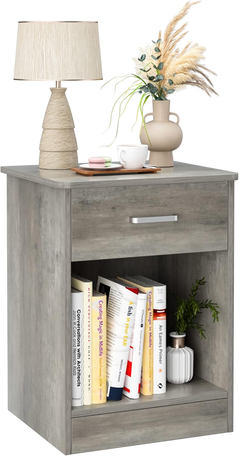 Black 2 Tier Nightstand with Drawer and Storage Cabinet O41043