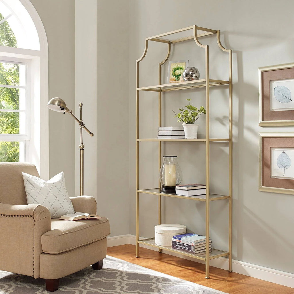 Antique Gold 4 Shelf Glass Metal Etagere Bookcase N5451