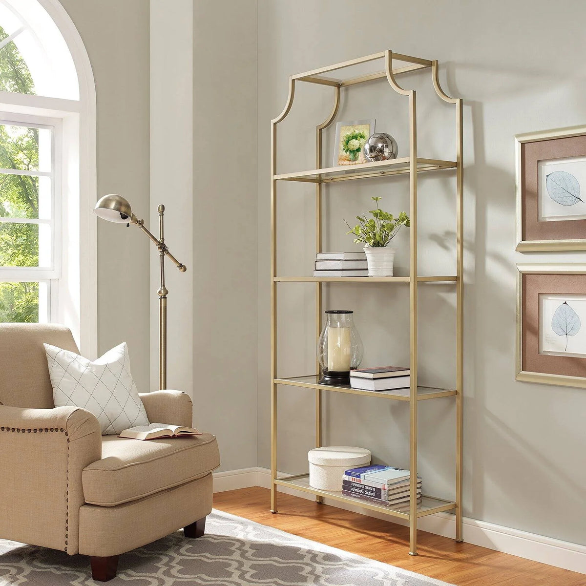 Antique Gold 4 Shelf Glass Metal Etagere Bookcase N5451