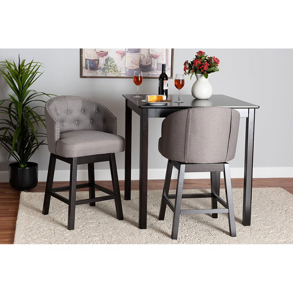 Grey Fabric and Espresso Brown Finished Wood 2-Piece Swivel Counter Stool O711