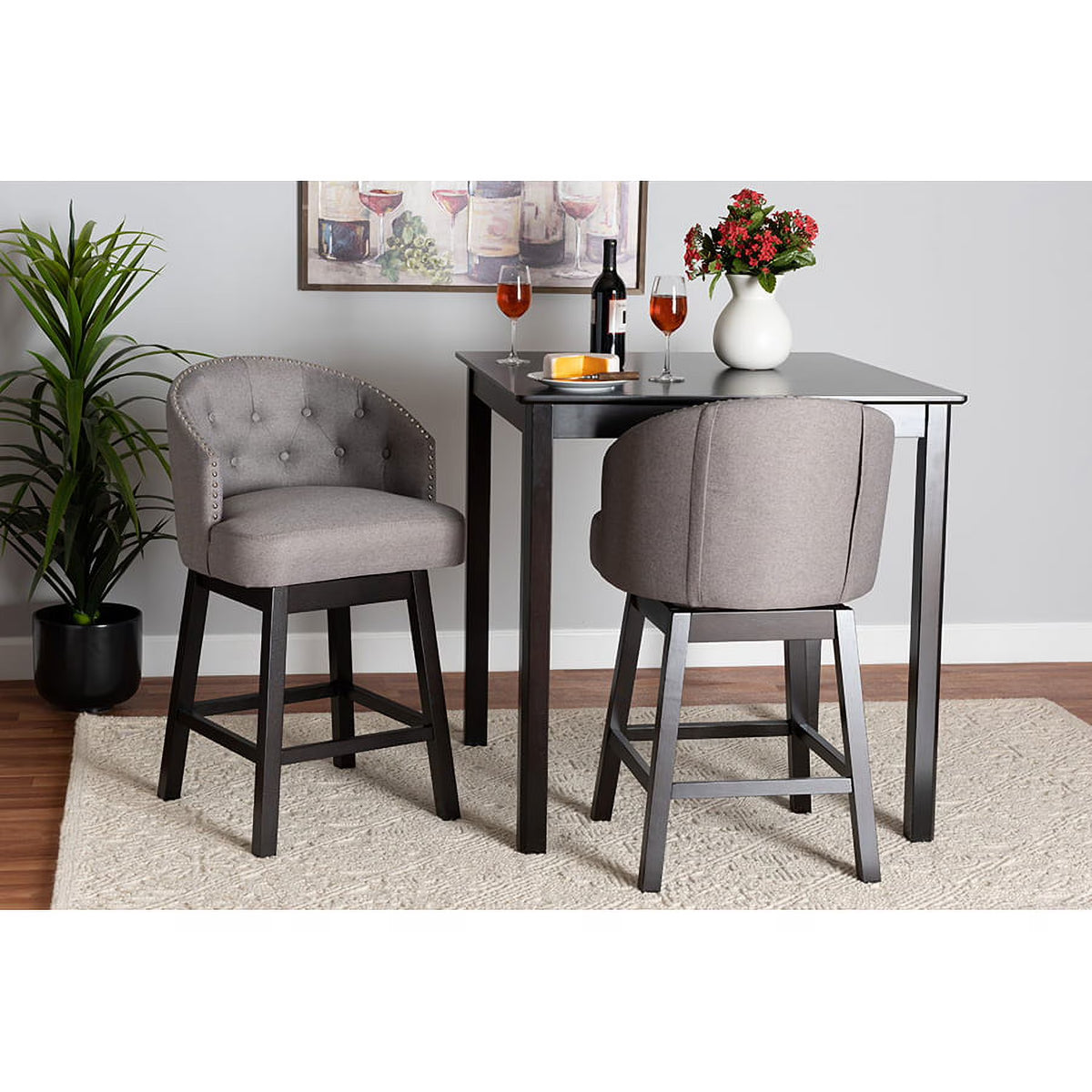Grey Fabric and Espresso Brown Finished Wood 2-Piece Swivel Counter Stool O711