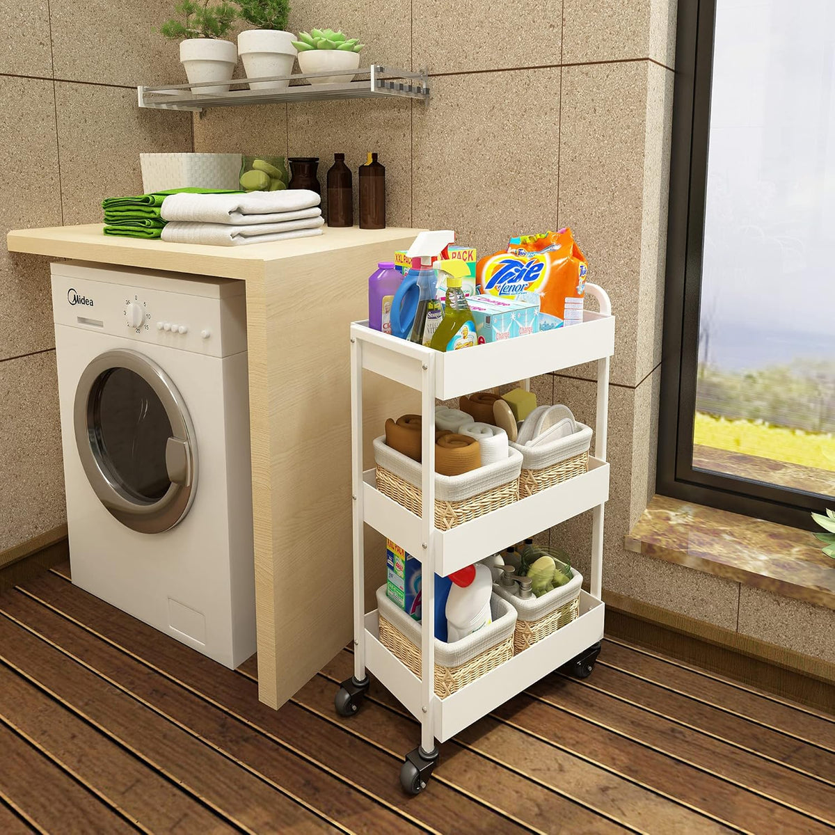 3-Tier White Metal Rolling Storage Cart with Wheels and Handle H725
