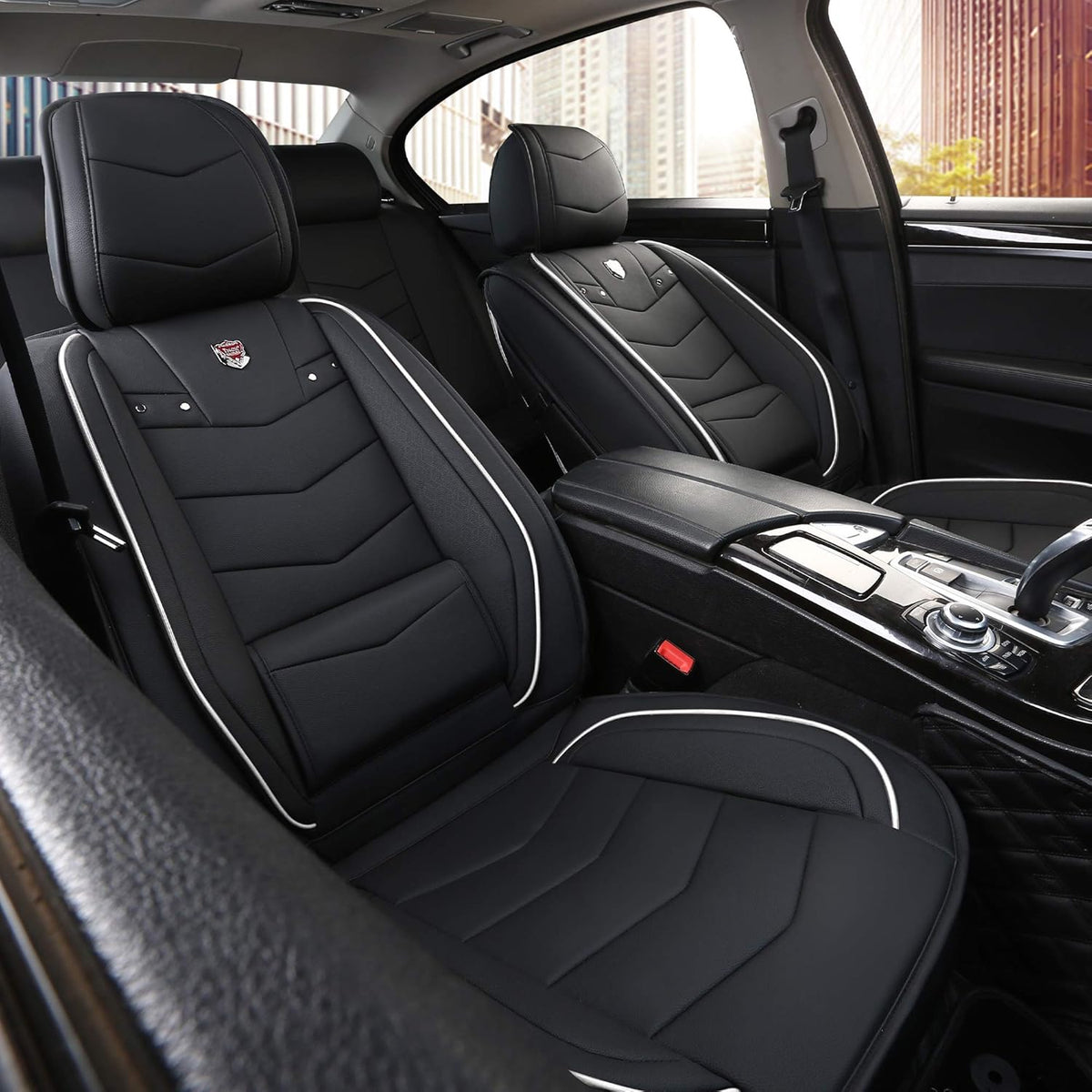 Black with White Trim Full Set Car Seat Cover I4217