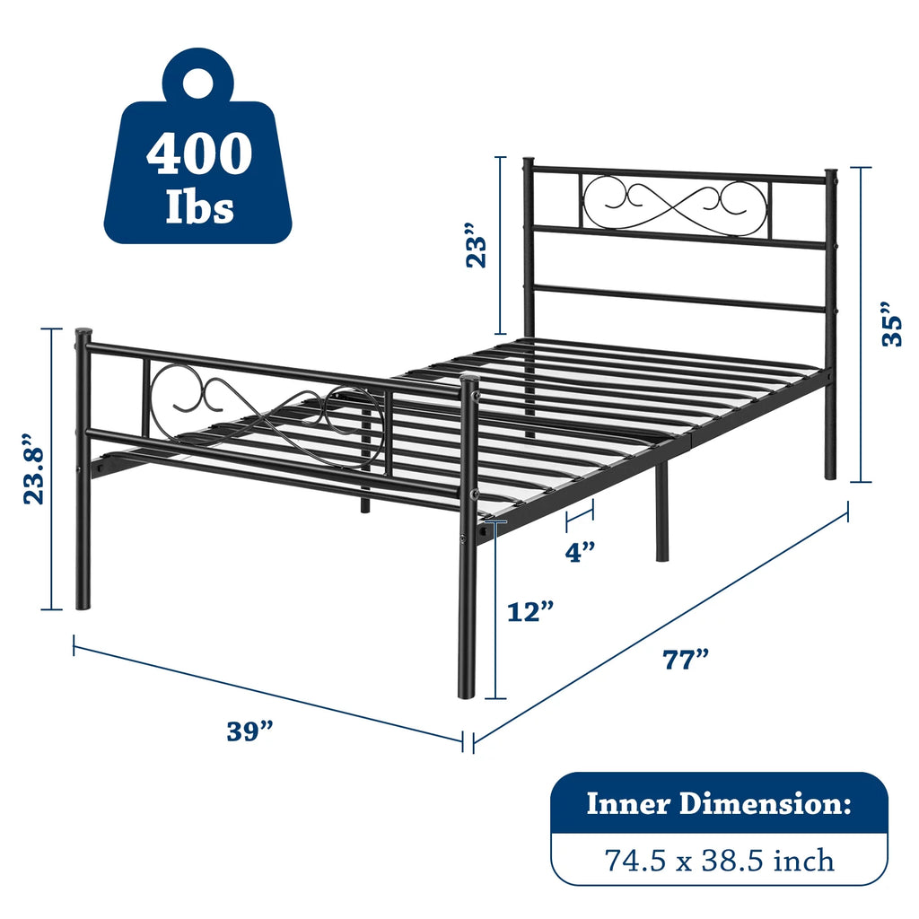 White 12 inch Twin Size Metal Platform Bed Frame with Headboard G7718