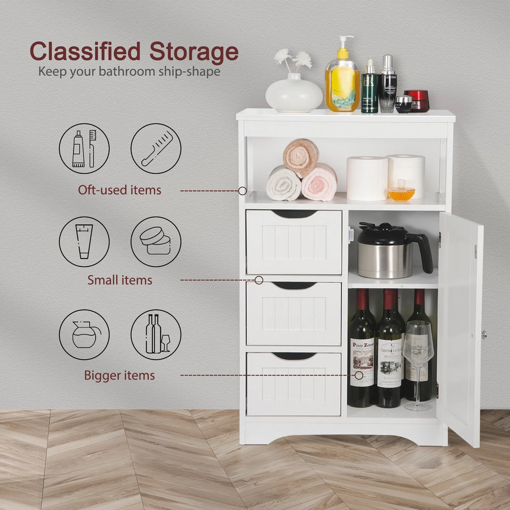 Bathroom Floor Cabinet MDF 1 Door 3 Drawers White J118