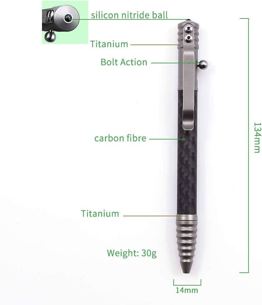 Titanium Tactical Pen with Glass Breaker Tool, Bolt Action Pen in Carbon Fiber barrel V270