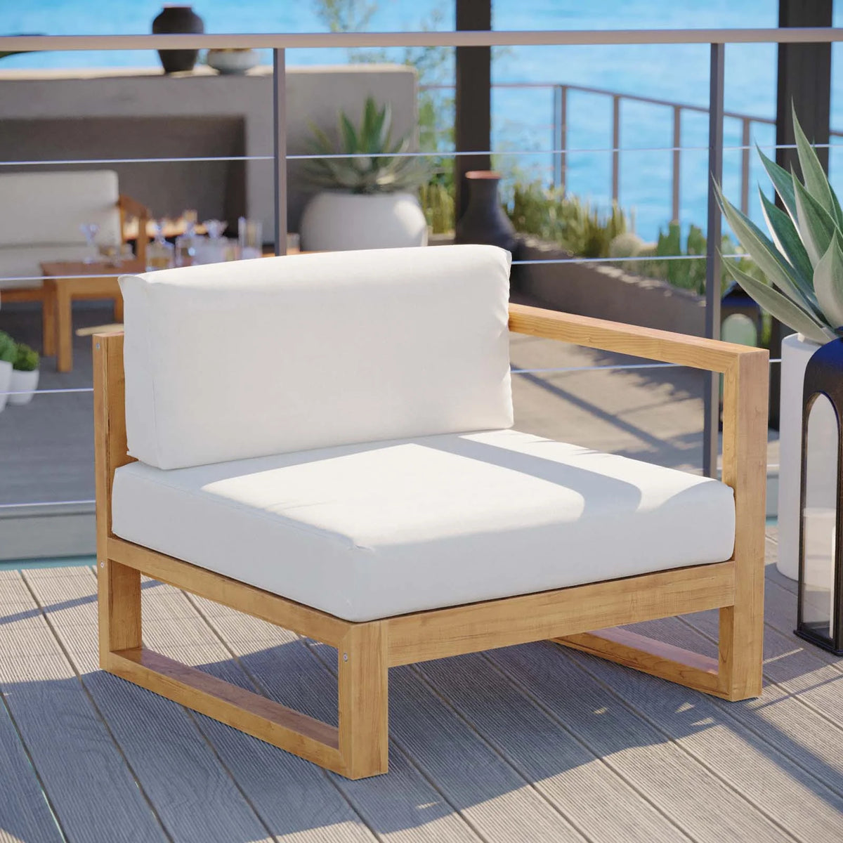 White Teak Wood Fabric Lounge Chair Z386