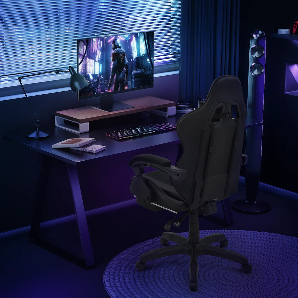 Black Swivel Gaming Chair with Footrest and Lumbar Support F347