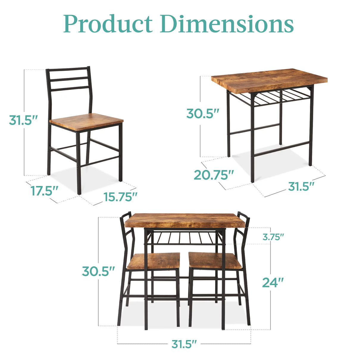 3-Piece Dining Set with Steel Frame and Storage Rack M49075