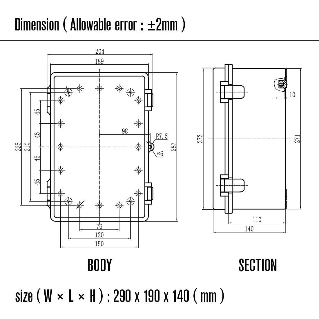 ABS Junction Box with Mounting Plate and Wall Bracket 11.4x7.5x5.5 inch D13523