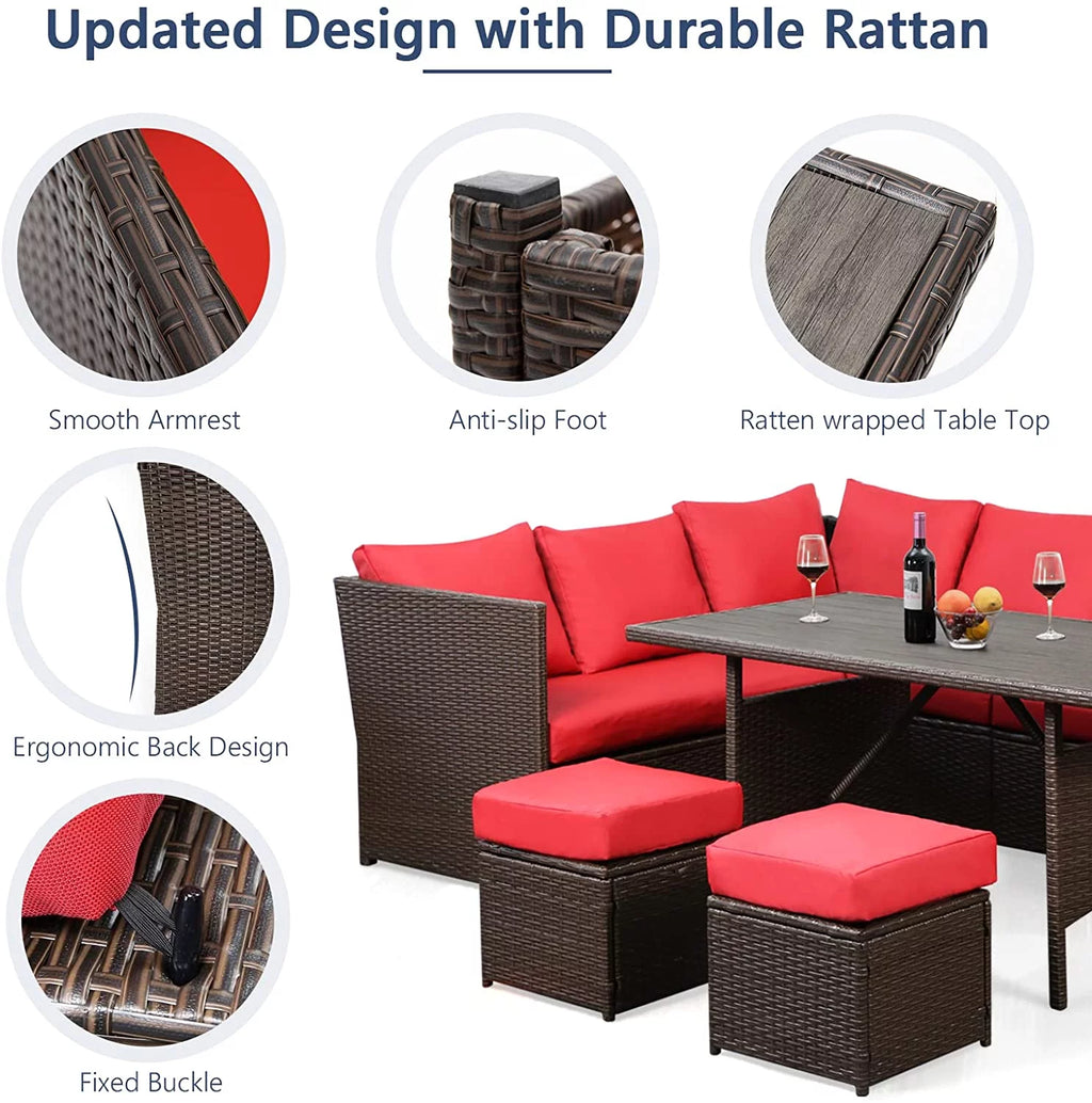 7 Pieces Brown Rattan Patio Furniture Set with Red Cushions Y5307