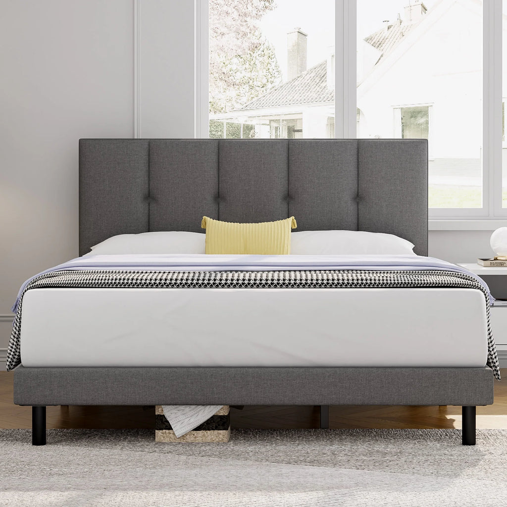 Full Size Bed Frame with Upholstered Headboard and Wooden Slats, Dark Grey N834