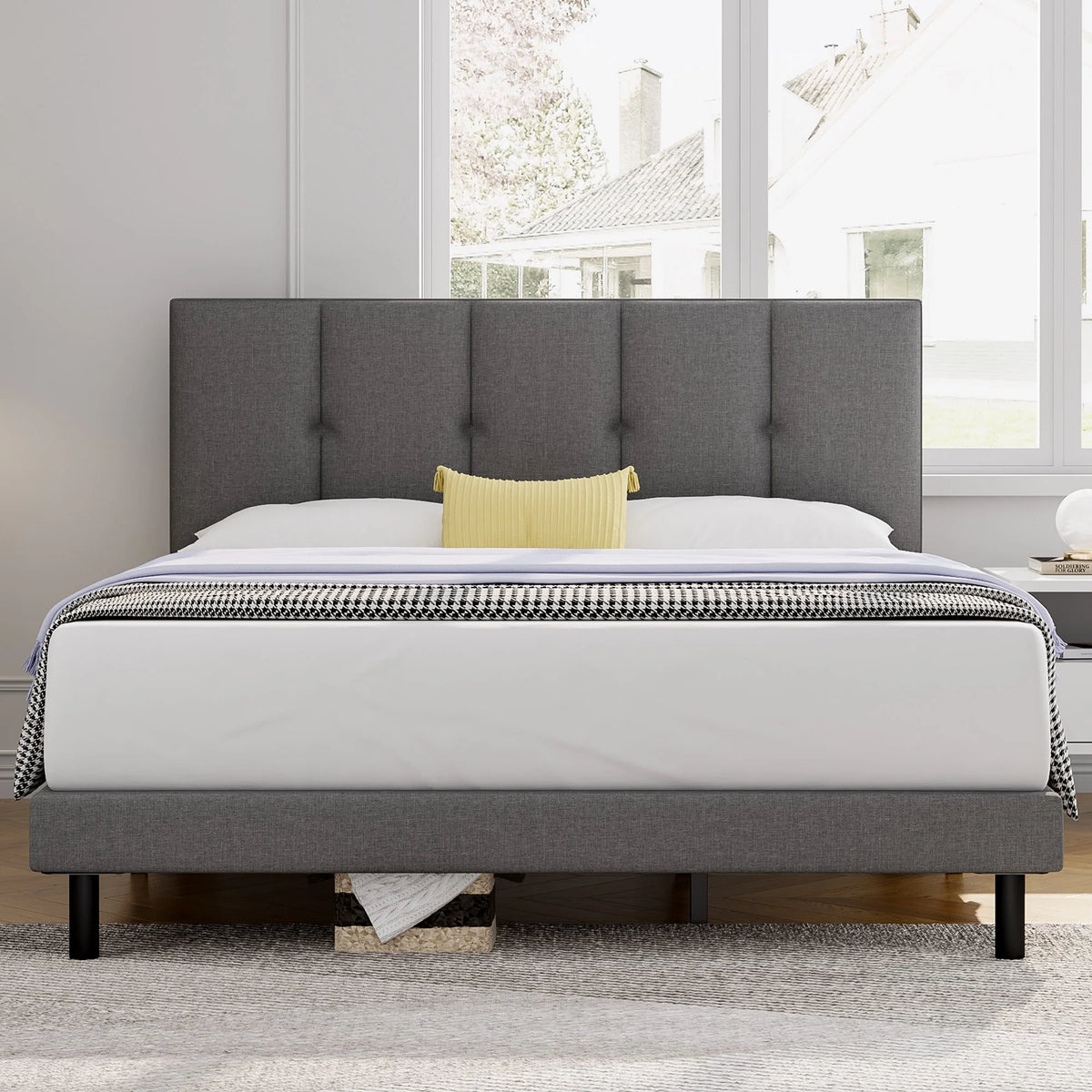 Full Size Bed Frame with Upholstered Headboard and Wooden Slats, Dark Grey N834