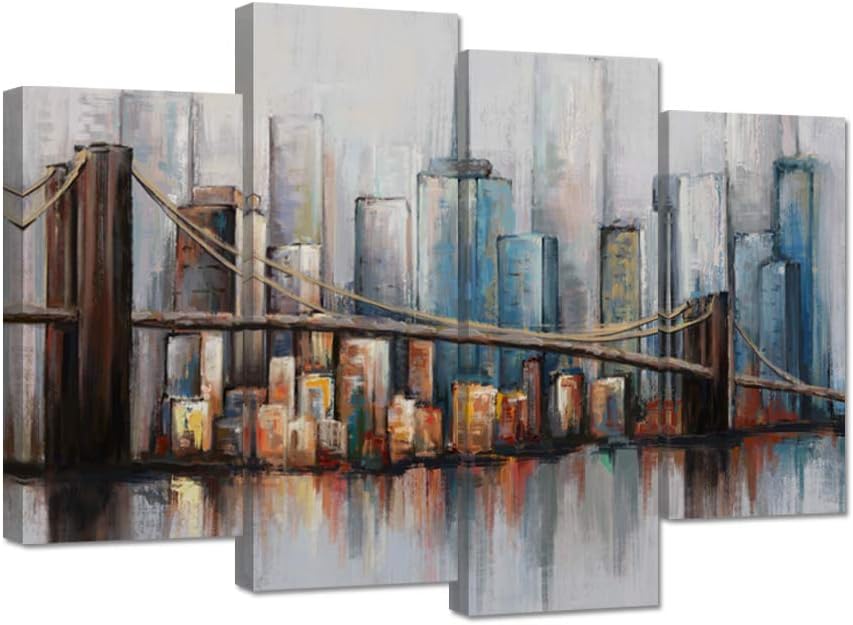 4 Panel Abstract Cityscape Brooklyn Bridge Canvas Wall Art C4149