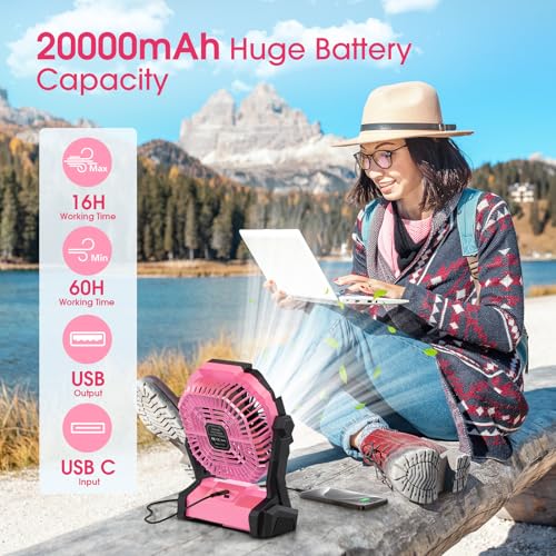 Portable Rechargeable Fan 20000mAh with LED Lantern Pink X386