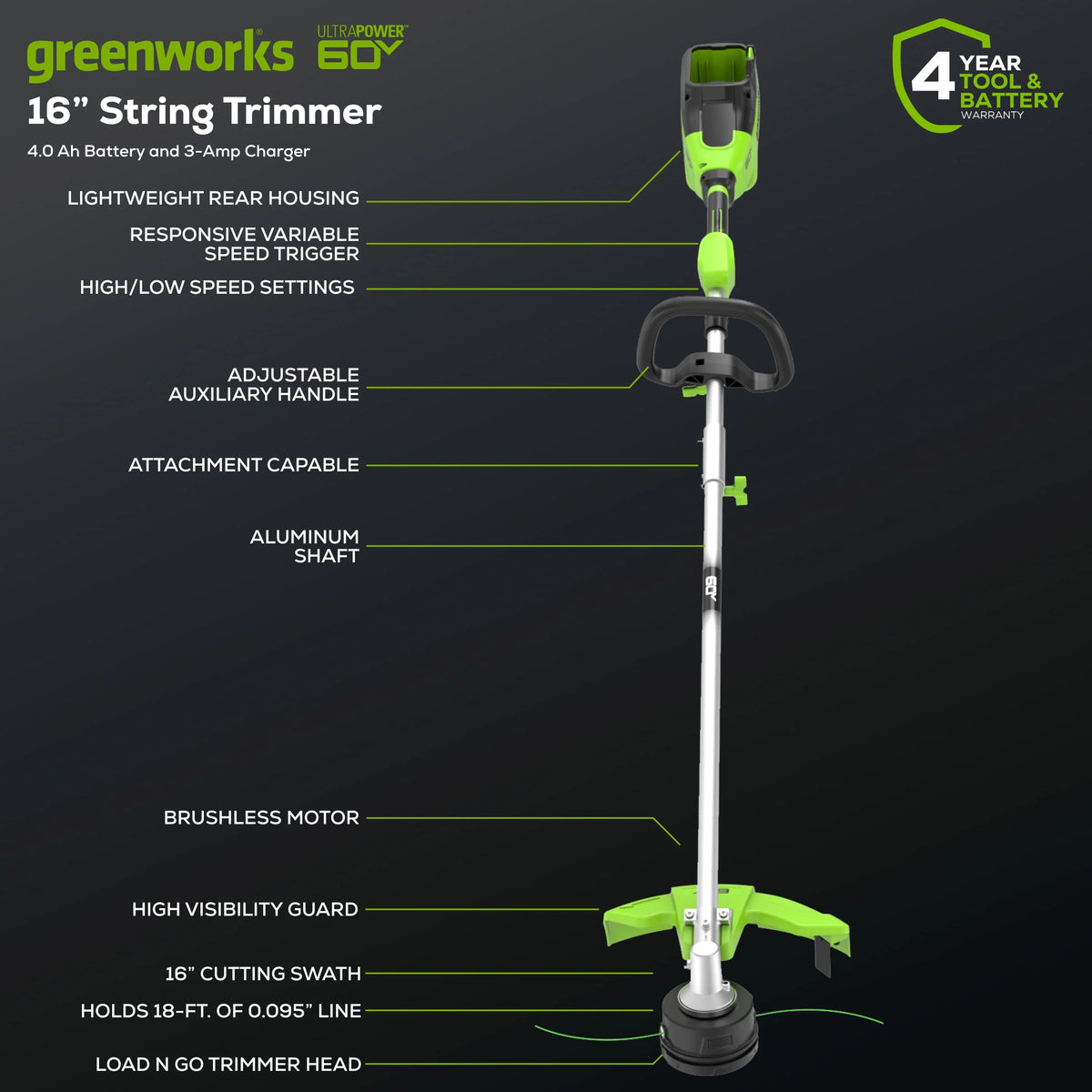 60V 16 String Trimmer with 4.0 Ah Battery & 3 Amp Charger V85125