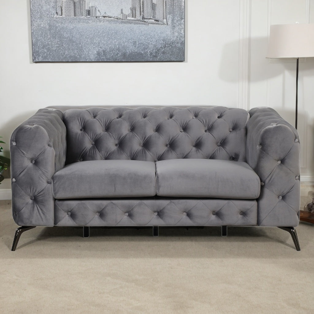 Gray Velvet Button Tufted Loveseat Sofa Z5977