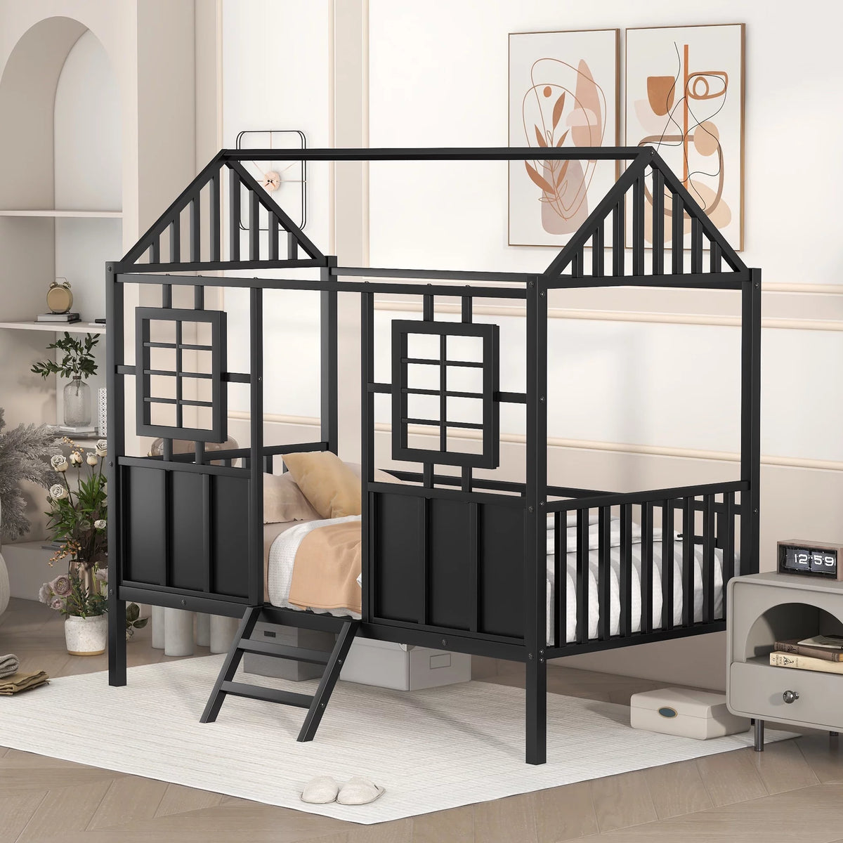 Black Metal Twin Low Loft Bed with House-Shaped Roof and Window Q295522