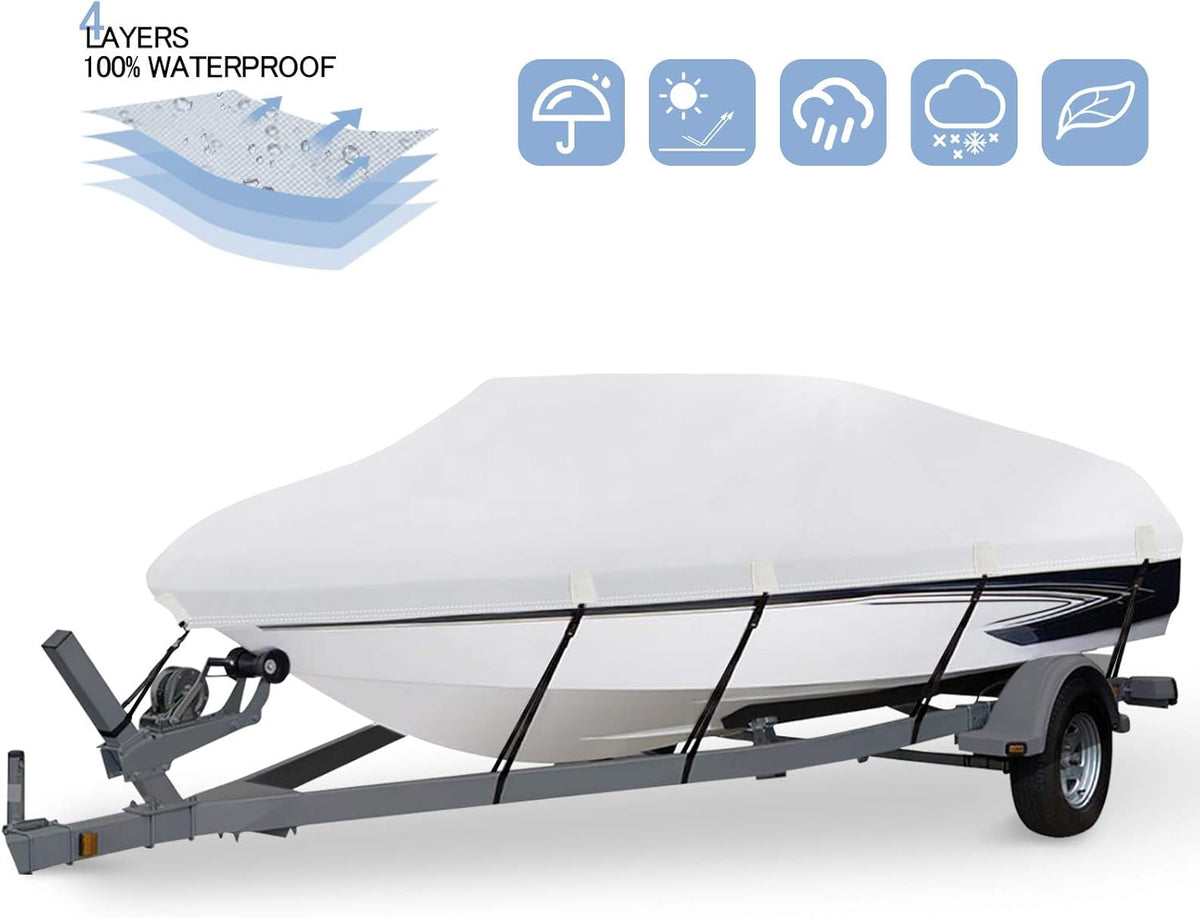 Heavy Duty 600D PU Waterproof Boat Cover, 17-19ft Trailerable Marine Grade Polyester Canvas with Tightening Strap Pack of 2 Z32898