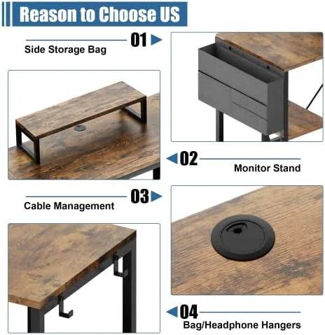 L Shaped Desk with Shelves Monitor Stand Bag Hooks Black E39837