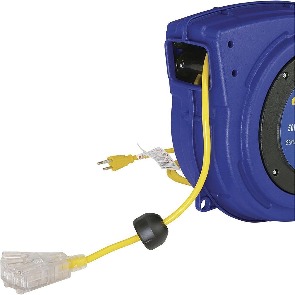 Retractable Extension Cord Reel 16AWG x 50' 3C/SJTOW LED Triple Tap Connector Power 7.5A 125VAC 938W N6589