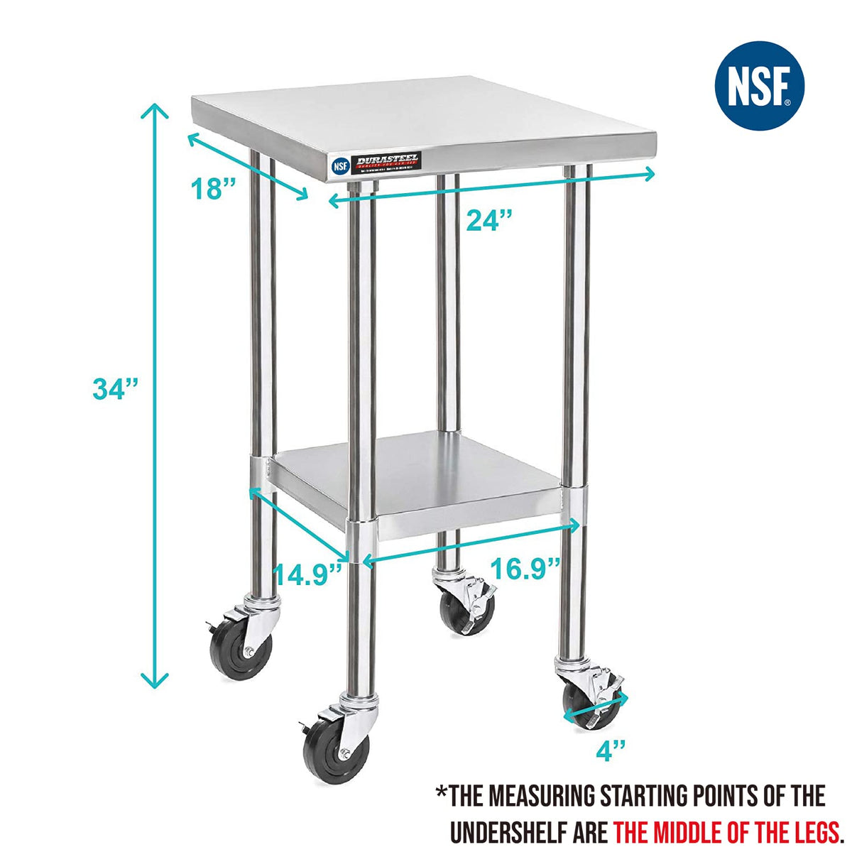 Stainless Steel 24 x 18 Inch Metal Work Table Cart with Caster Wheel L551