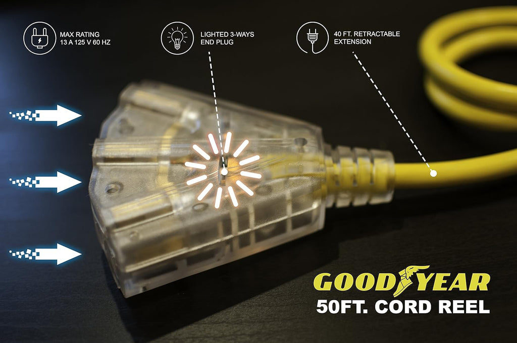 Retractable Extension Cord Reel 16AWG x 50' 3C/SJTOW LED Triple Tap Connector Power 7.5A 125VAC 938W N6589