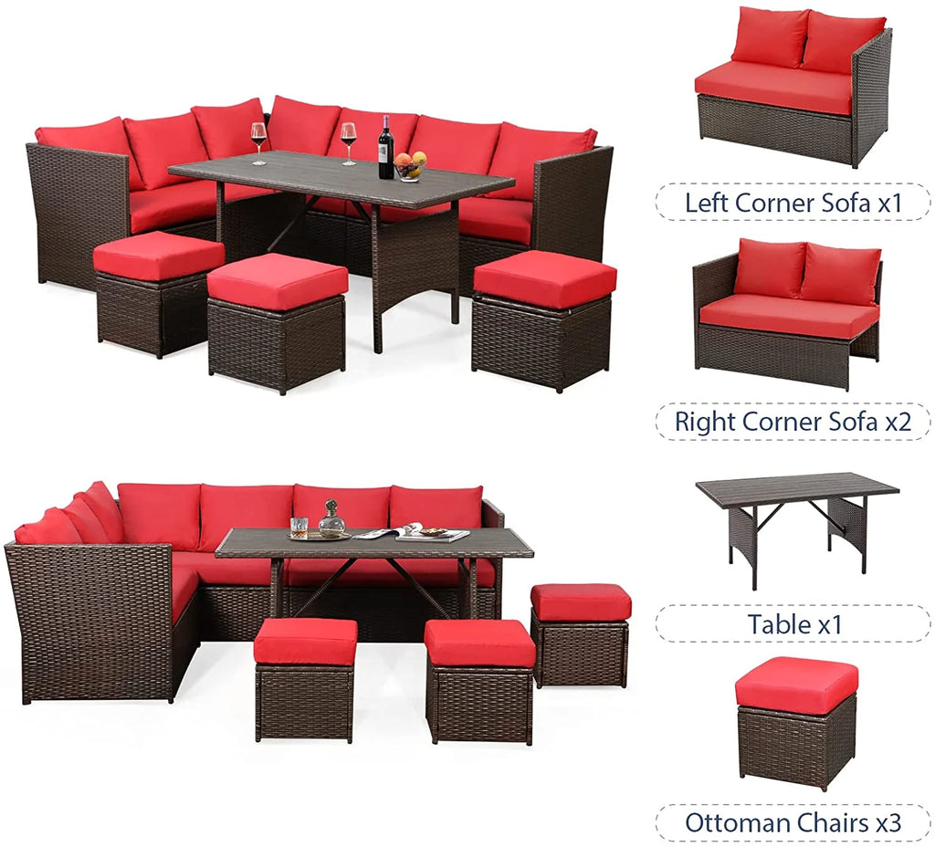 7 Pieces Brown Rattan Patio Furniture Set with Red Cushions Y5307