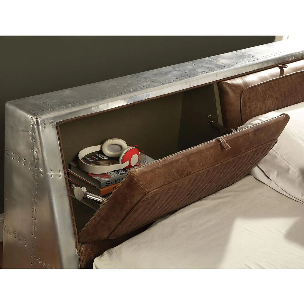Queen Bed Retro Brown Top Grain Leather & Aluminum F77599