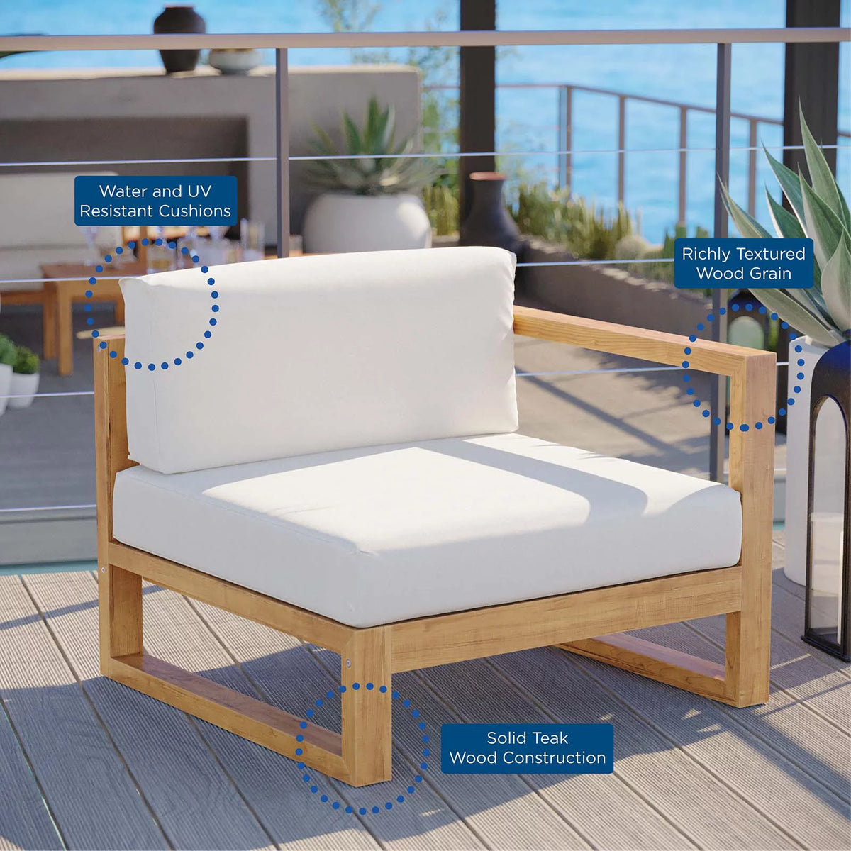 White Teak Wood Fabric Lounge Chair Z386
