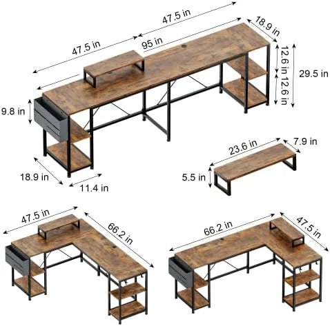 L Shaped Desk with Shelves Monitor Stand Bag Hooks Black E39837