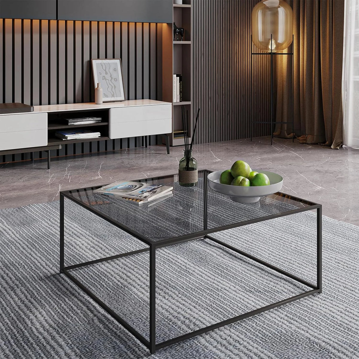 Square Glass Coffee Tables 26.7 x 26.7 x 15.7 Inches Gray Black E7737