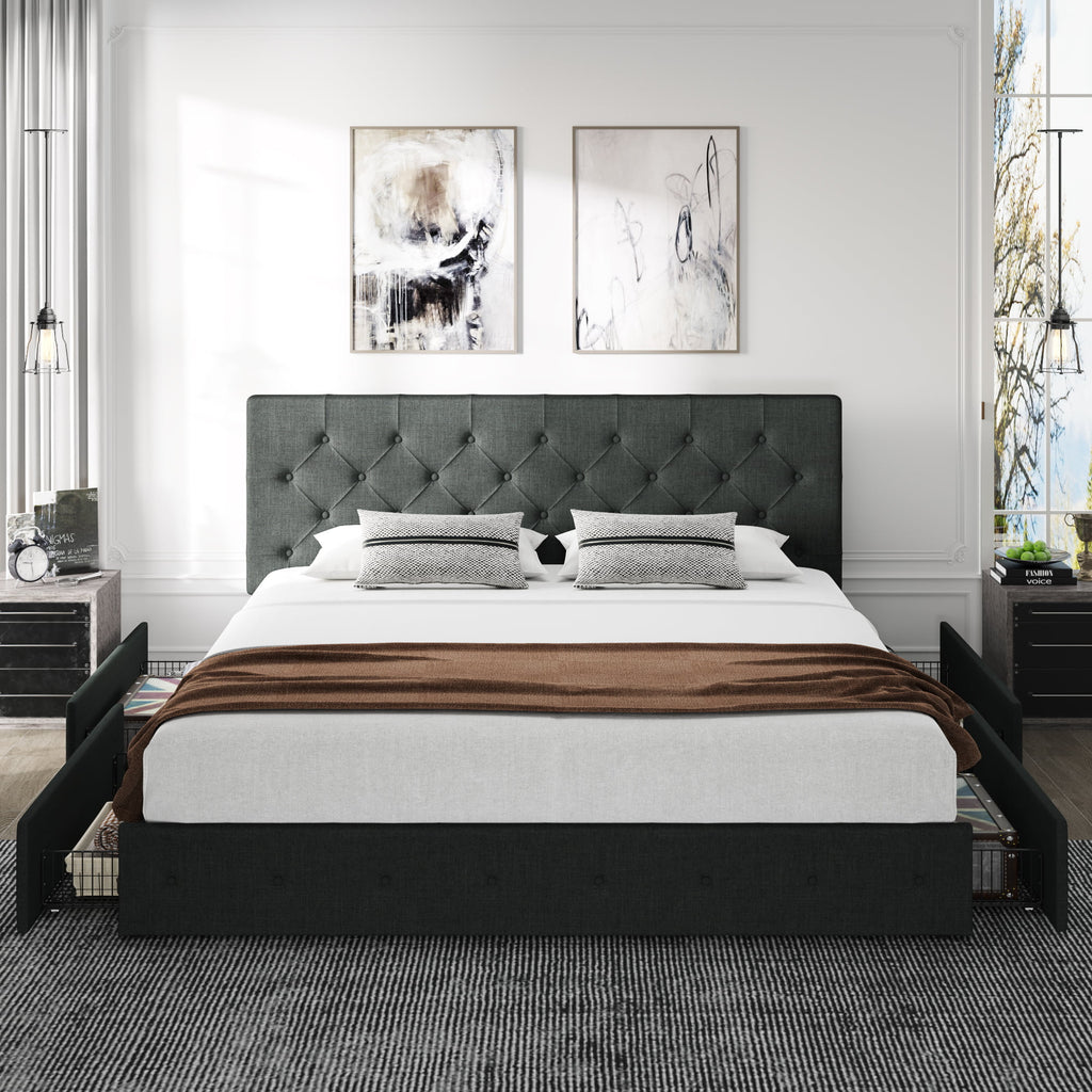 King Size Platform Bed Frame with Headboard and 4 Drawers, Dark Grey Z53394