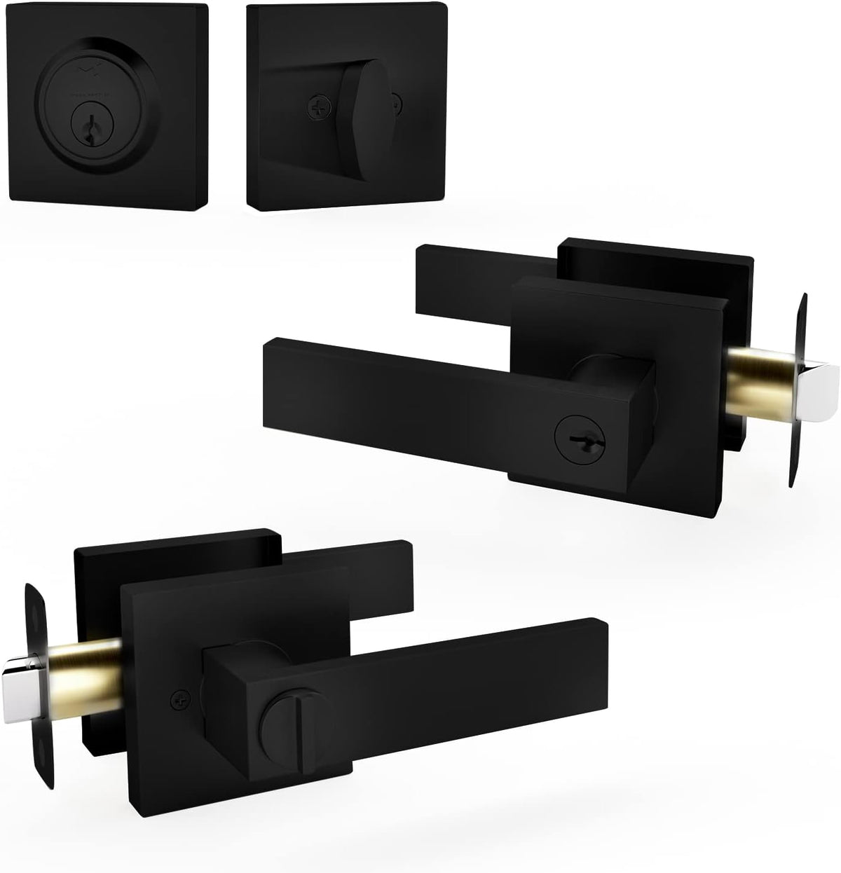 Matte Black Lever Door Handle and Deadbolt Lock Combo Pack of 2 J938