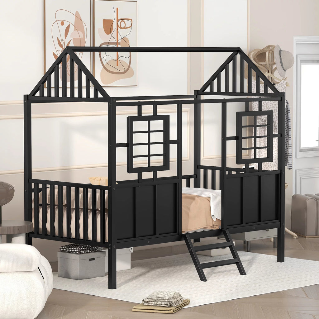 Black Metal Twin Low Loft Bed with House-Shaped Roof and Window Q295522