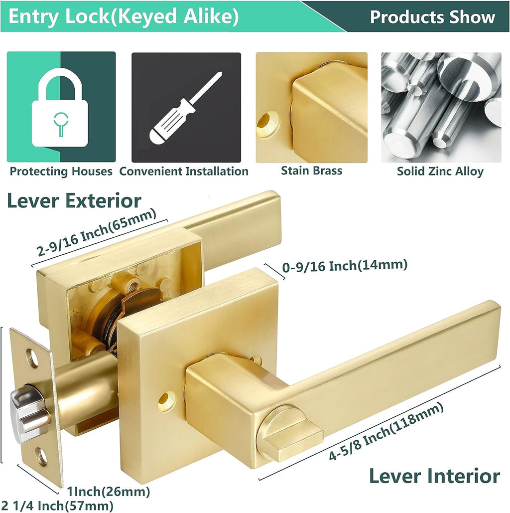 4 Pack Square Euro Style Door Leversets in Stain Brass Finish with Keys G349