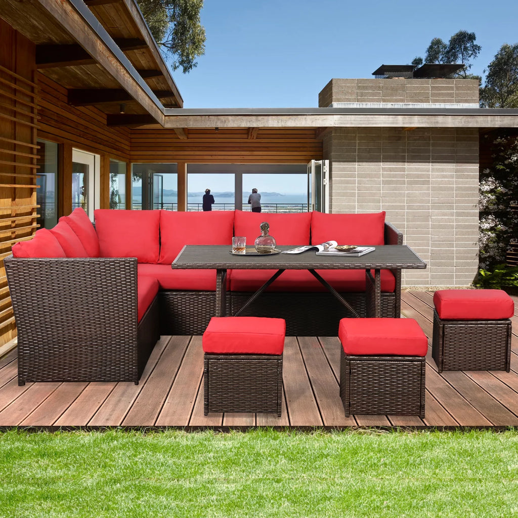 7 Pieces Brown Rattan Patio Furniture Set with Red Cushions Y5307